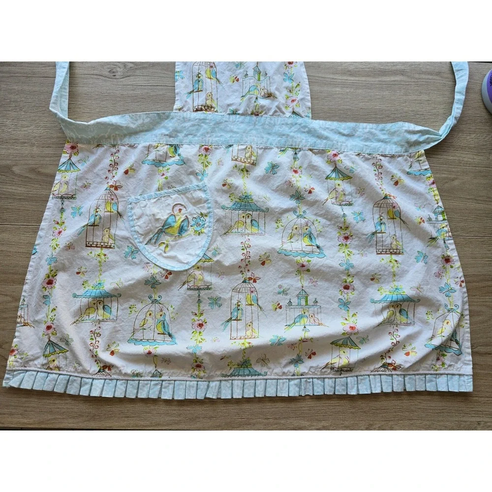 Vintage Style Women's Birdcage Print Apron Cottagecore Shabby Chic Blue White